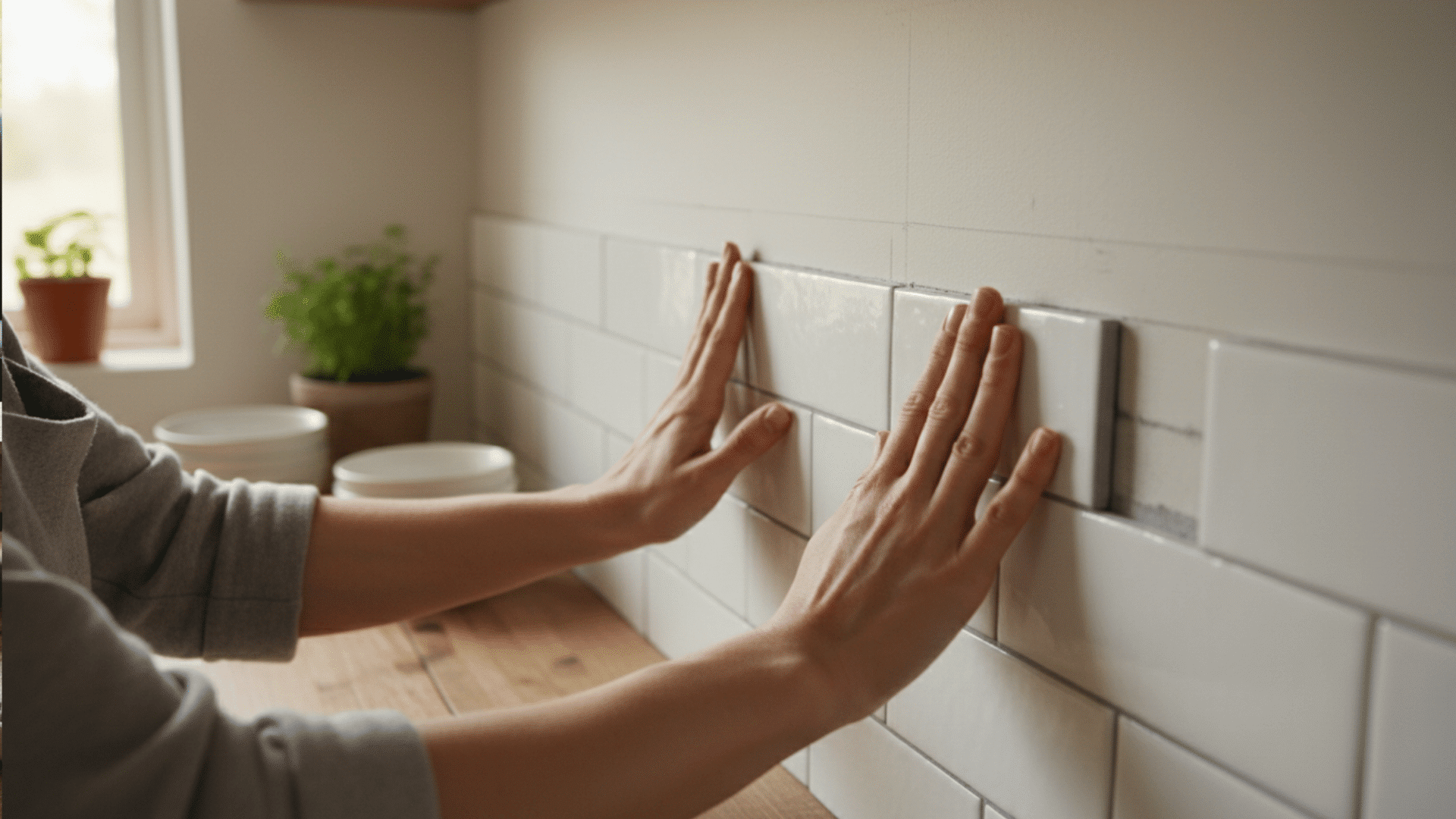 a person installing white rectangular subway tiles on a kitchen wall with a wooden countertop and potted plants in the background