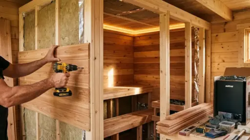 a person installs cedar panels for a diy sauna with a cordless drill; tools and heater nearby