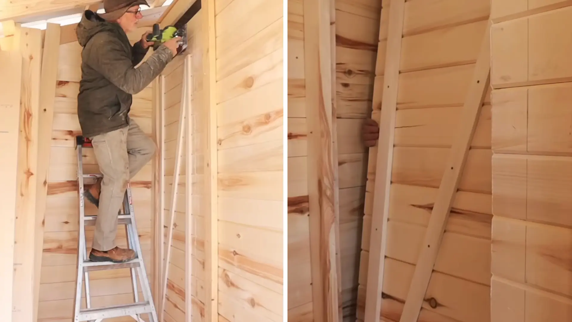 a person on a ladder using a power tool to cut and fix a wooden door frame into the tongue and groove sauna wall interior