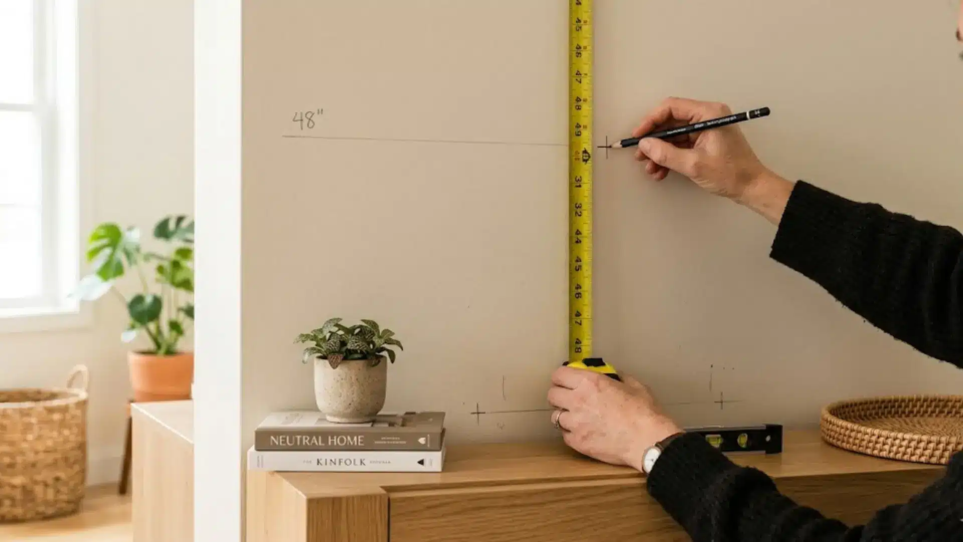 a person using a yellow tape measure and pencil to mark the wall, determining the correct height for mounting