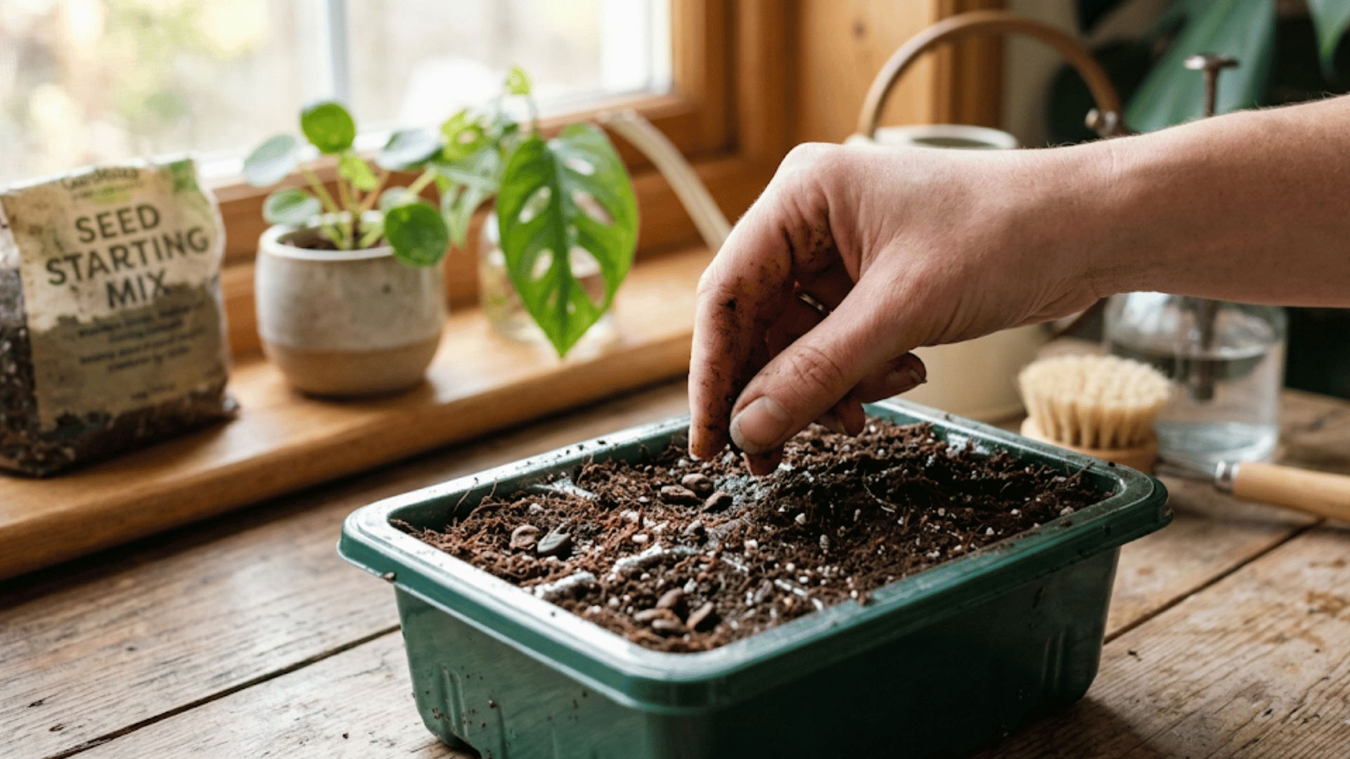 a person’s hand planting a seed into a green soil tray on a wooden table