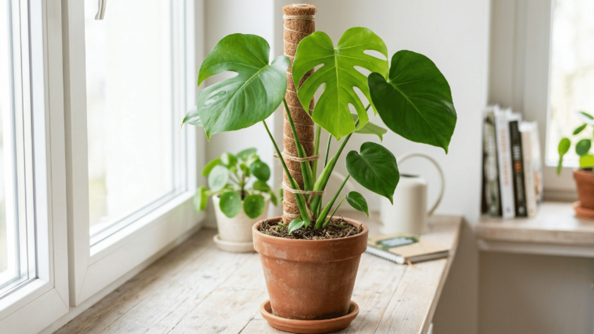a plant on a moss pole in a terracotta pot by a window