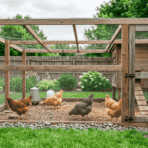 a realistic backyard chicken run with wooden posts, wire fencing, covered top, and rock barrier along the base on a green lawn
