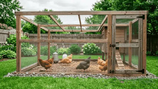 a realistic backyard chicken run with wooden posts, wire fencing, covered top, and rock barrier along the base on a green lawn