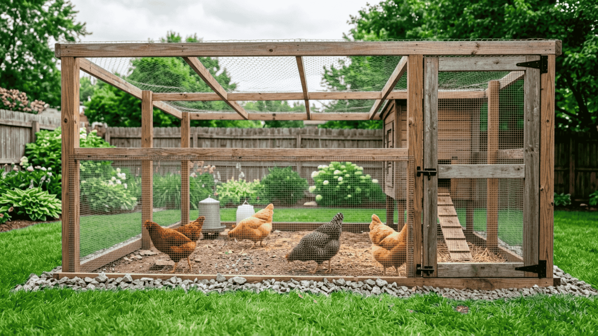 a realistic backyard chicken run with wooden posts, wire fencing, covered top, and rock barrier along the base on a green lawn