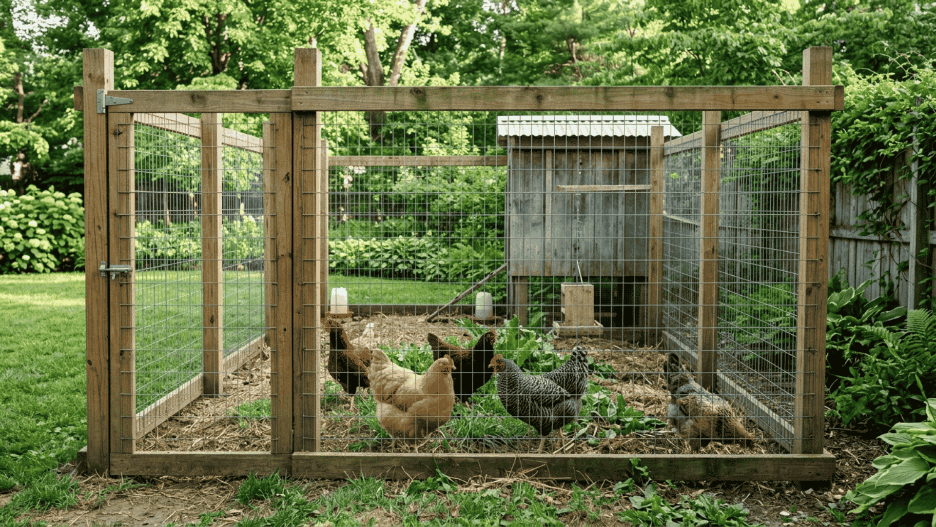 a reinforced chicken run frame with horizontal wooden boards along the top and base with hens visible inside the enclosure