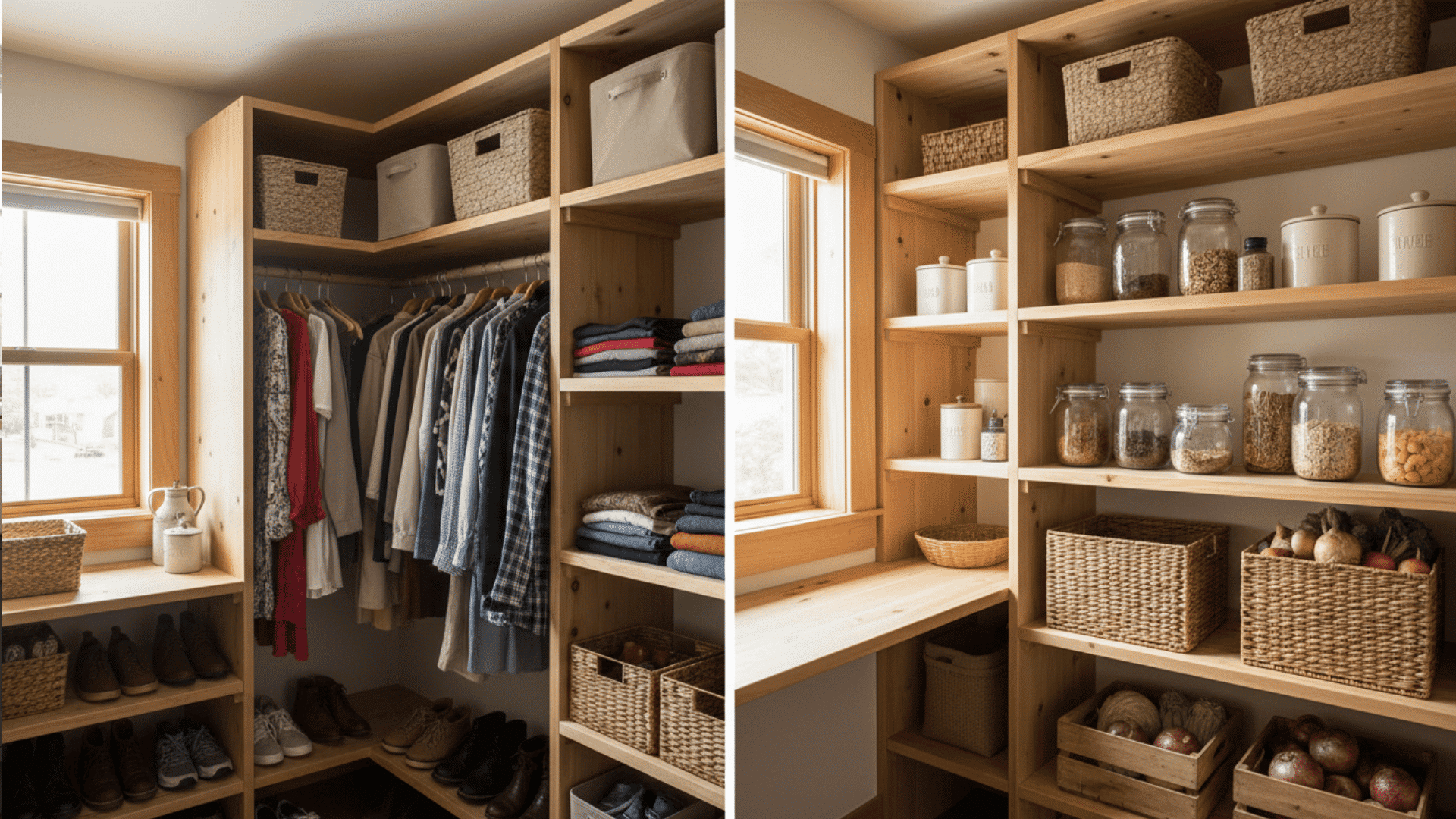 a split image showing a wooden closet with hanging clothes and folded sweaters on shelves next to a pantry with jars baskets and fresh vegetables on wooden shelves