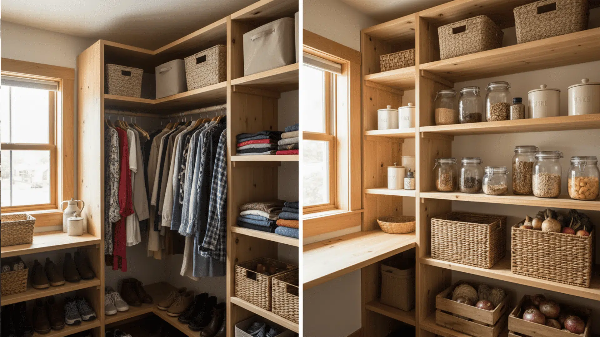 a split image showing a wooden closet with hanging clothes and folded sweaters on shelves next to a pantry with jars baskets and fresh vegetables on wooden shelves