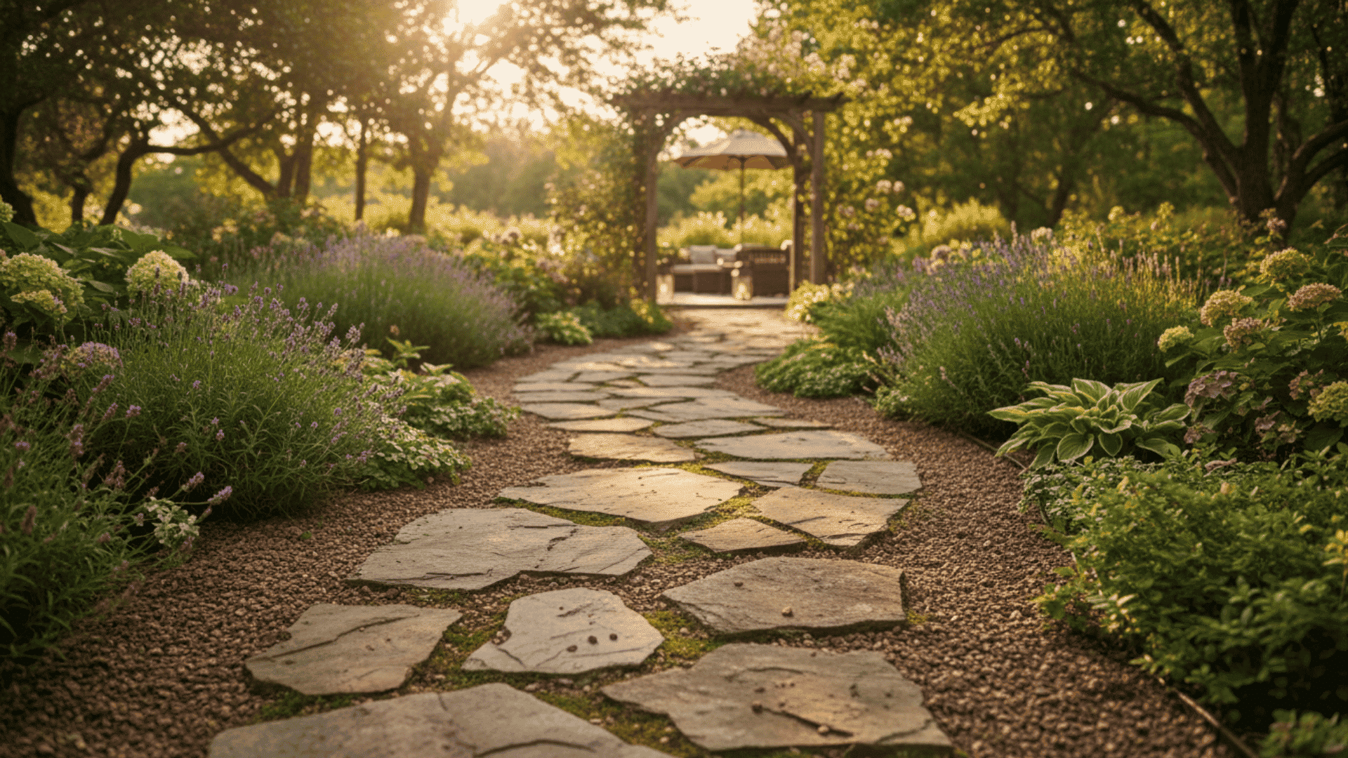 a sunlit garden with a stone pathway leading to a wooden arbor surrounded by flowering plants and trees