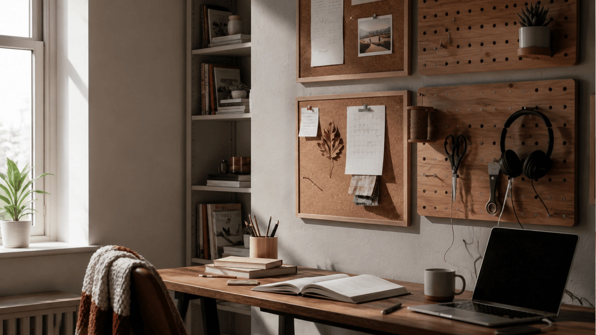 a sunlit home office with a wooden desk an open laptop books a cup pencils a potted plant and cork boards with notes and photos on the wall