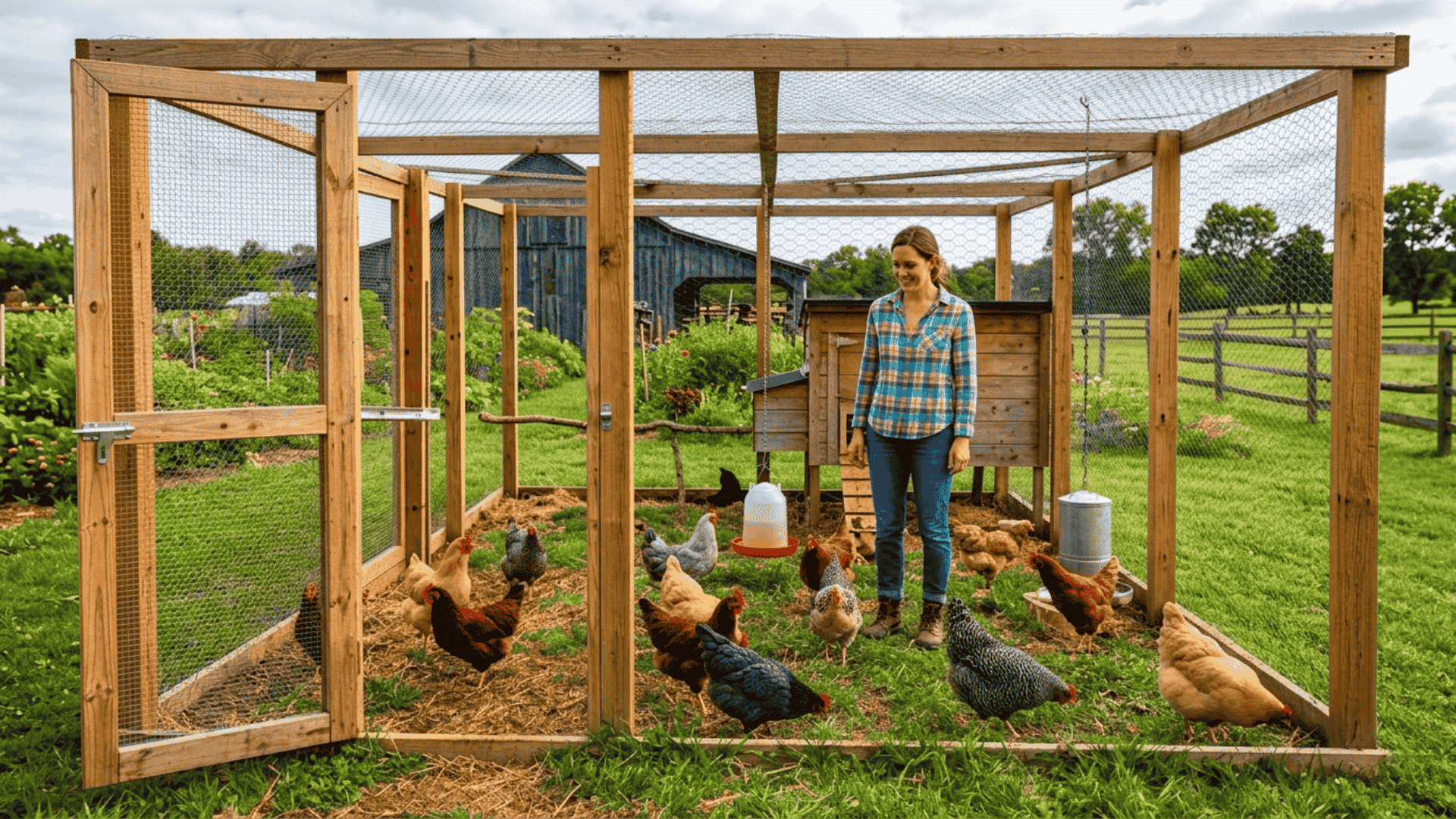 a tall walk-in chicken run with six foot posts and full height wire fencing with hens roaming freely inside on grass
