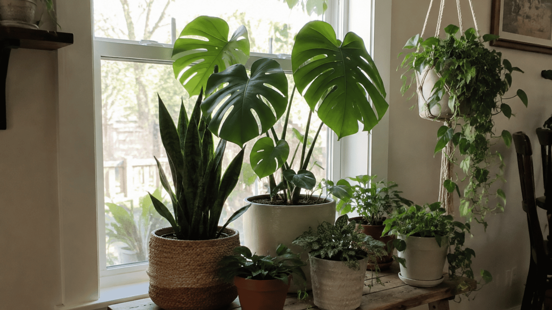 a variety of potted green houseplants arranged on a wooden table in front of a sunlit window