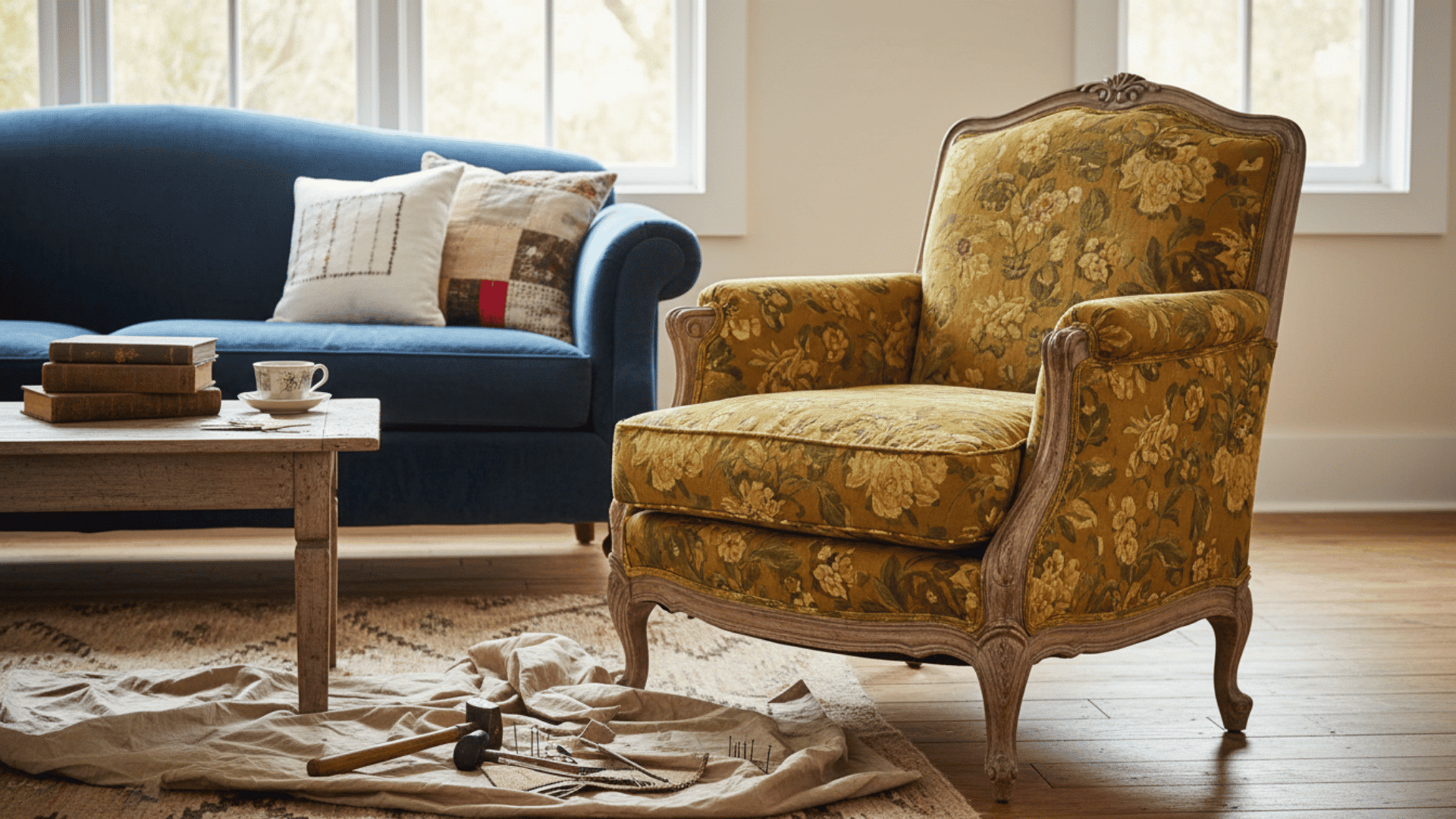 a vintage floral armchair next to a blue sofa with pillows a wooden coffee table with books and a teacup and a rug with tools on it