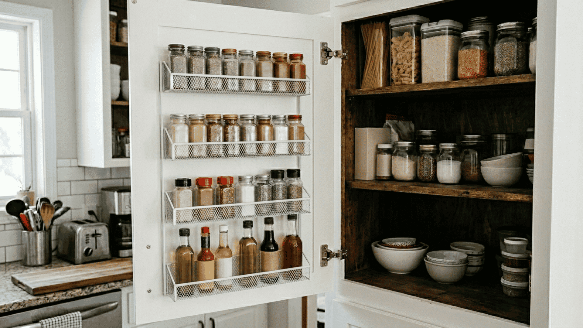 a well-organized pantry cabinet with a mounted spice rack on the open door and varied dry goods on the wooden shelves.