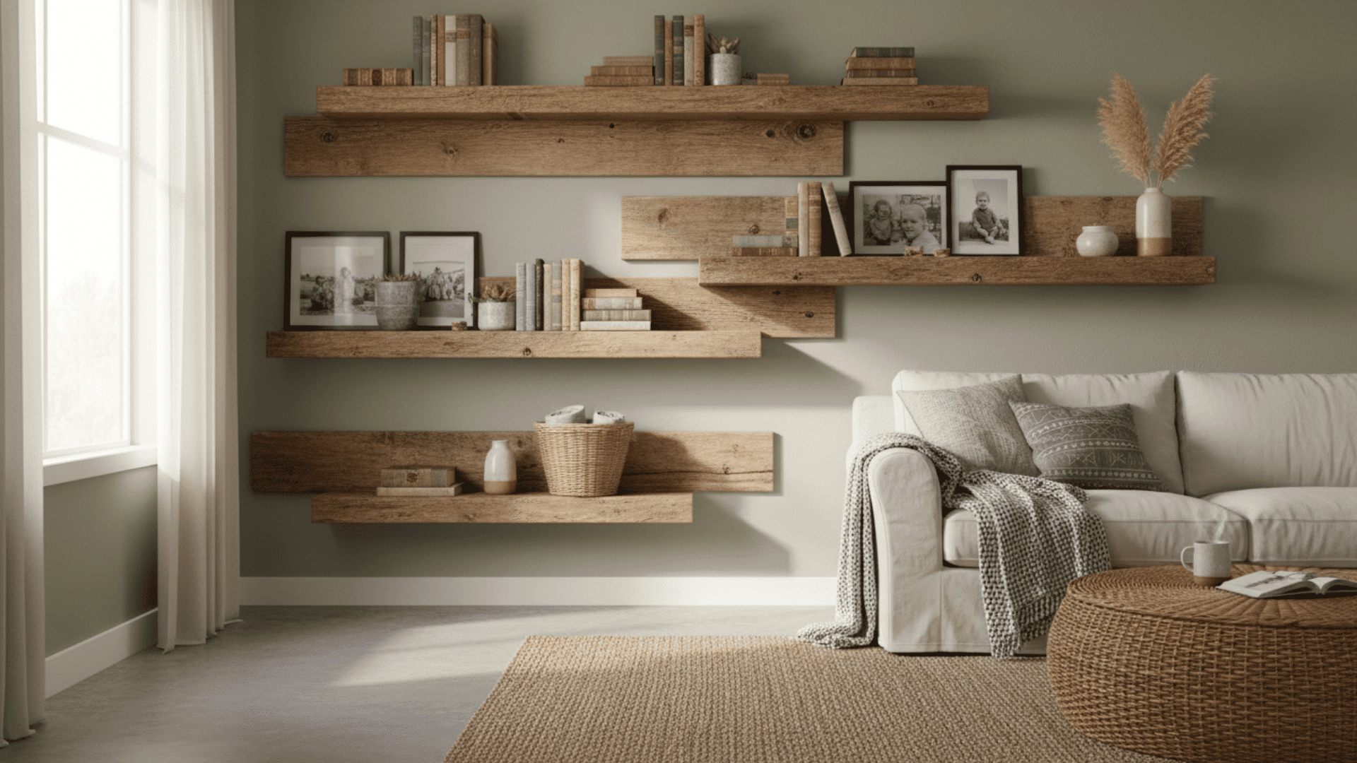 a white sofa with patterned pillows and a throw next to wooden wall shelves holding books framed photos and decorative vases