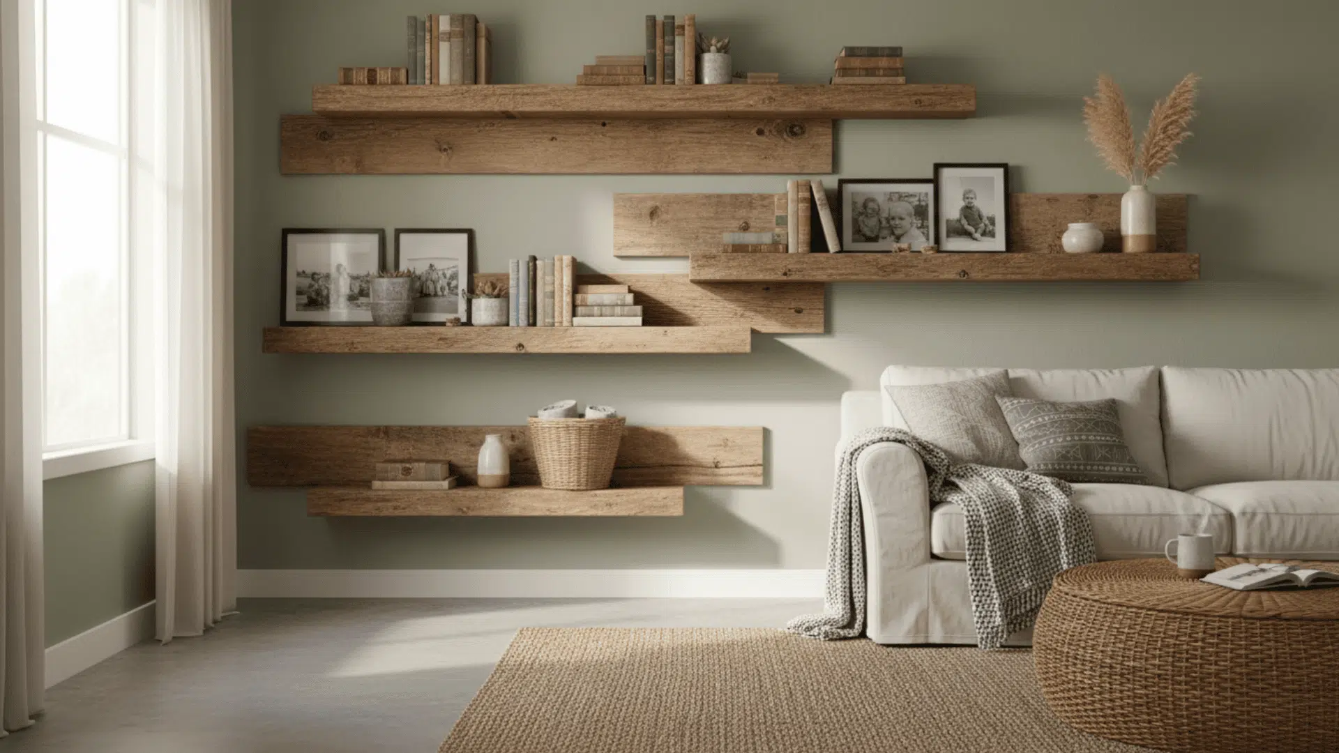 a white sofa with patterned pillows and a throw next to wooden wall shelves holding books framed photos and decorative vases