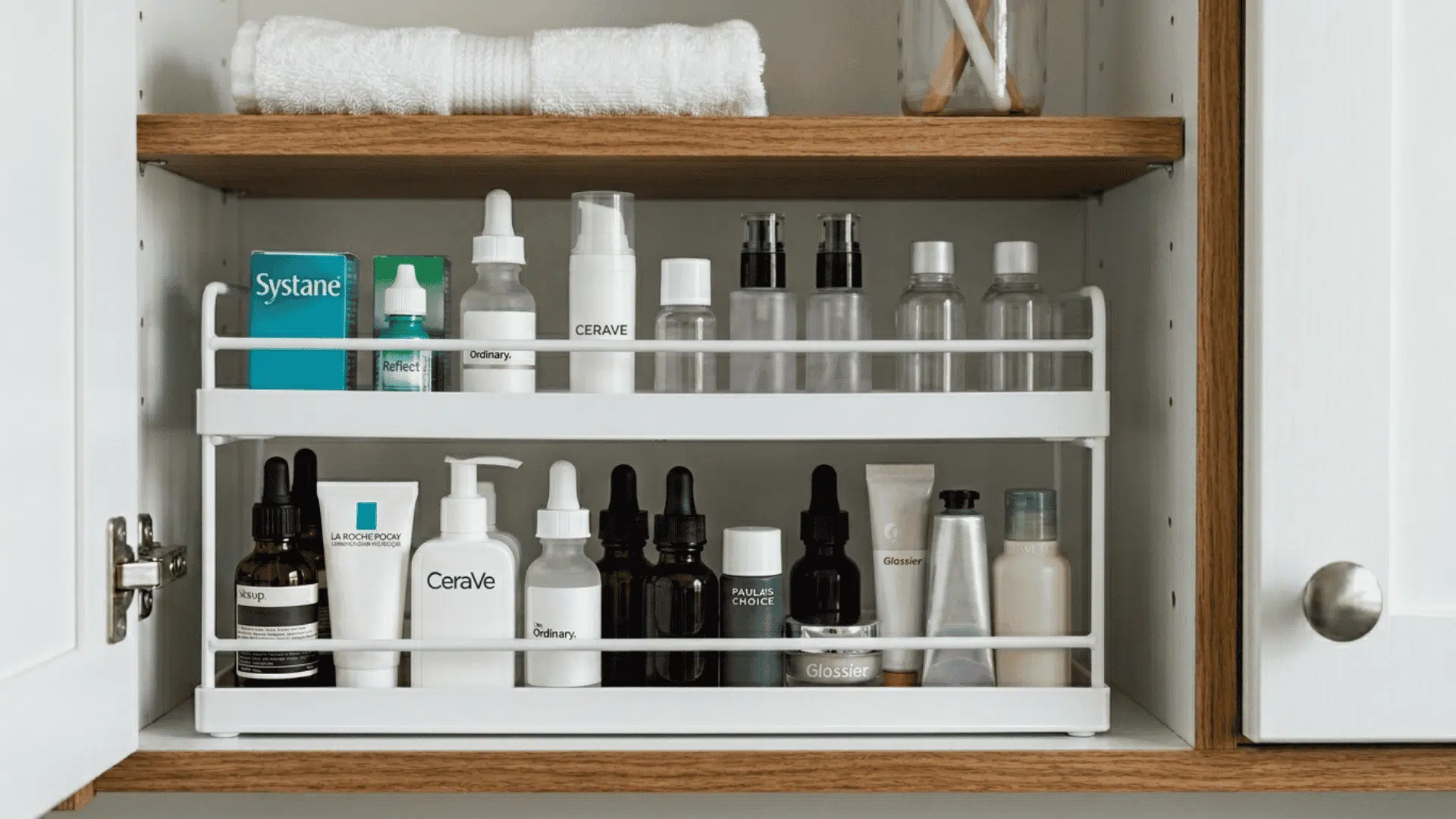 a white three-tier spice rack shelf used to organize essential oil bottles and dropper jars on a wooden surface.
