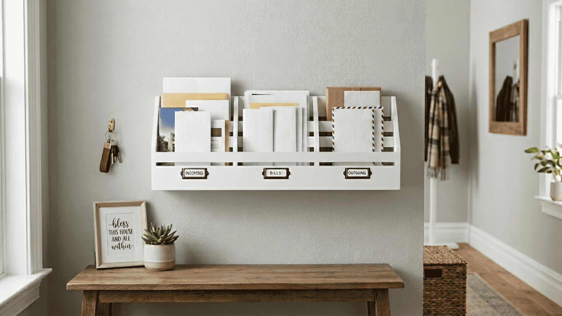 a white wall-mounted mail sorter with slots for incoming, bills, and outgoing, full of mail, above a wooden console table.