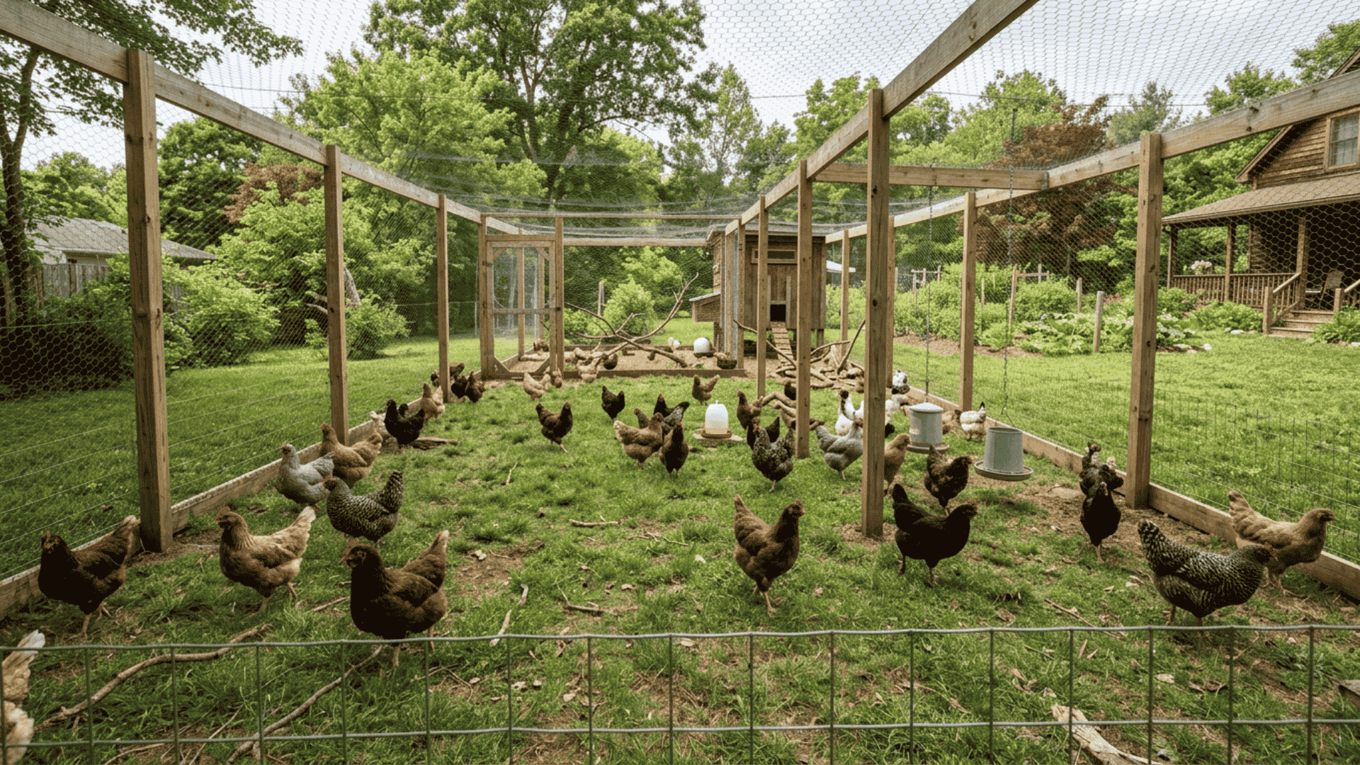 a wide extended chicken run with wooden posts and wire fencing covering a large backyard area with a flock of hens spread inside