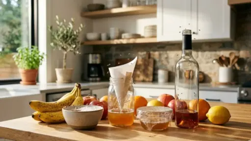 a wooden counter holds diy fruit fly traps—a jar with a paper cone, a bowl, and a wine bottle, near ripe fruit