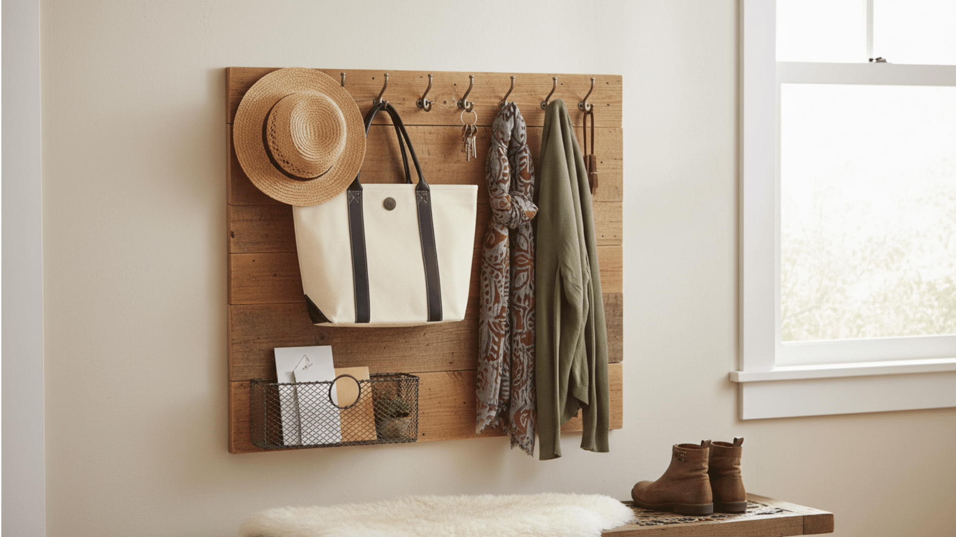 a wooden wall-mounted coat rack with hooks holding a straw hat a tote bag a scarf and a sweater above a small bench with a sheepskin and a pair of brown boots