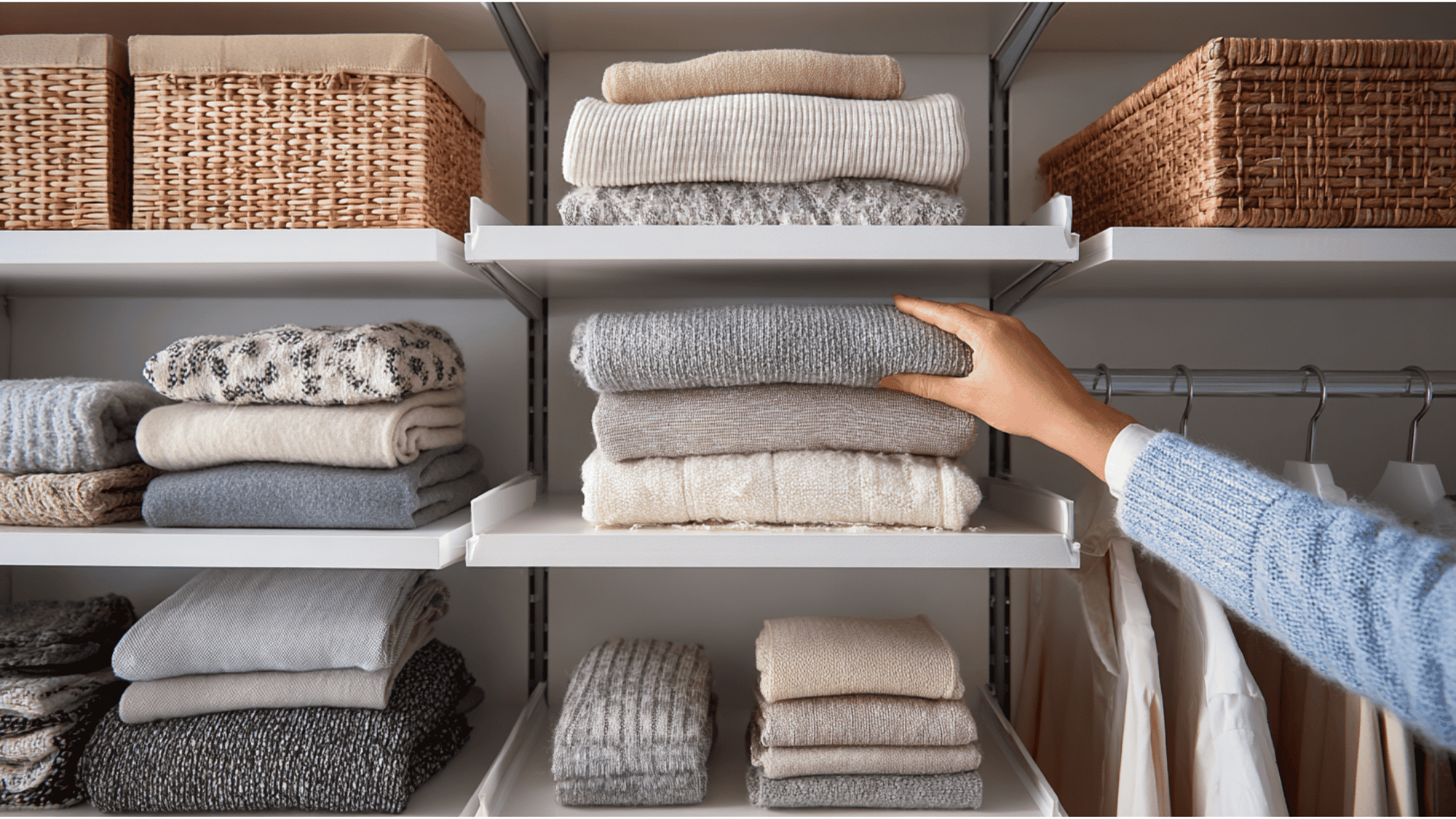 Adjustable shelving units in a small closet for flexible storage
