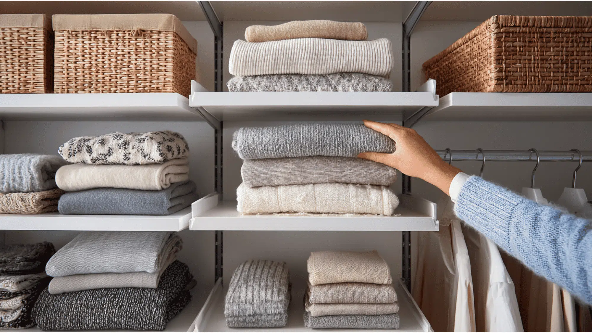 Adjustable shelving units in a small closet for flexible storage