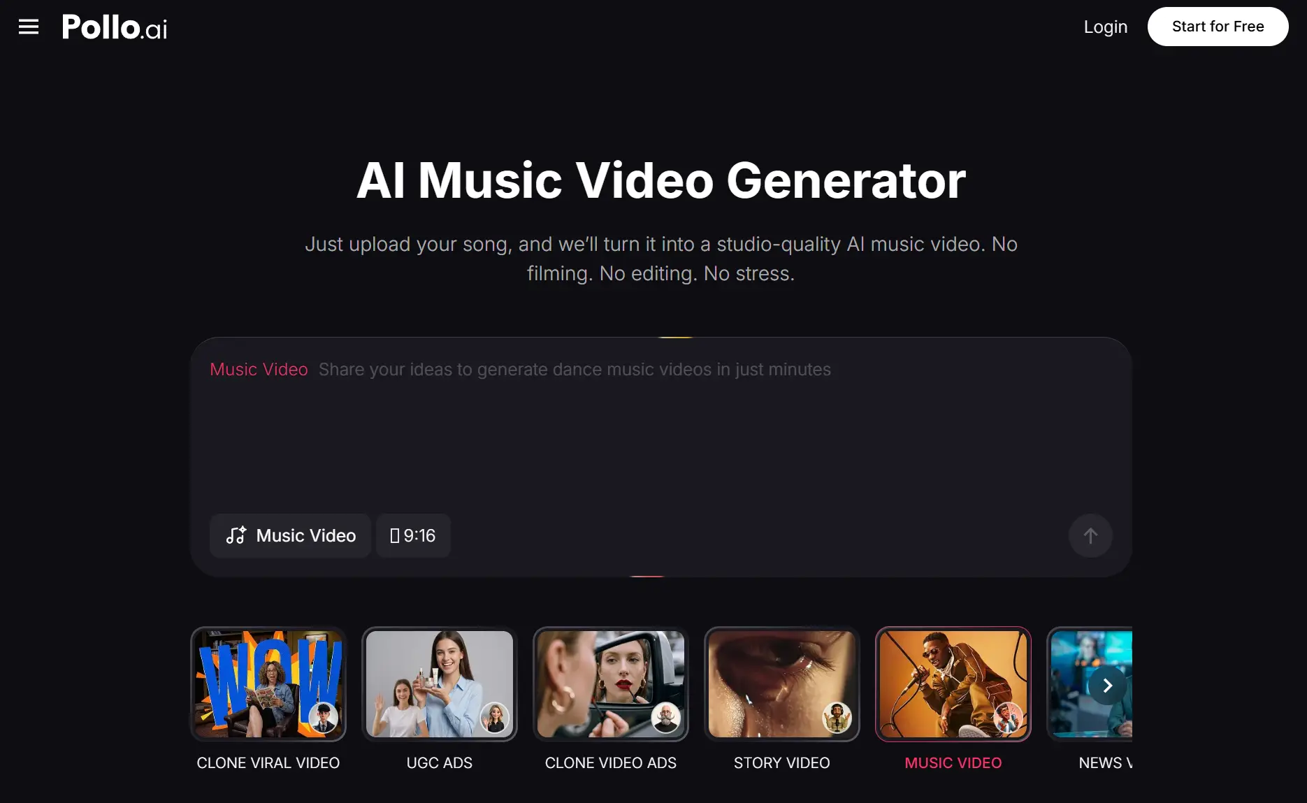 Dark-themed website interface showcasing AI music video generator options and navigation menu
