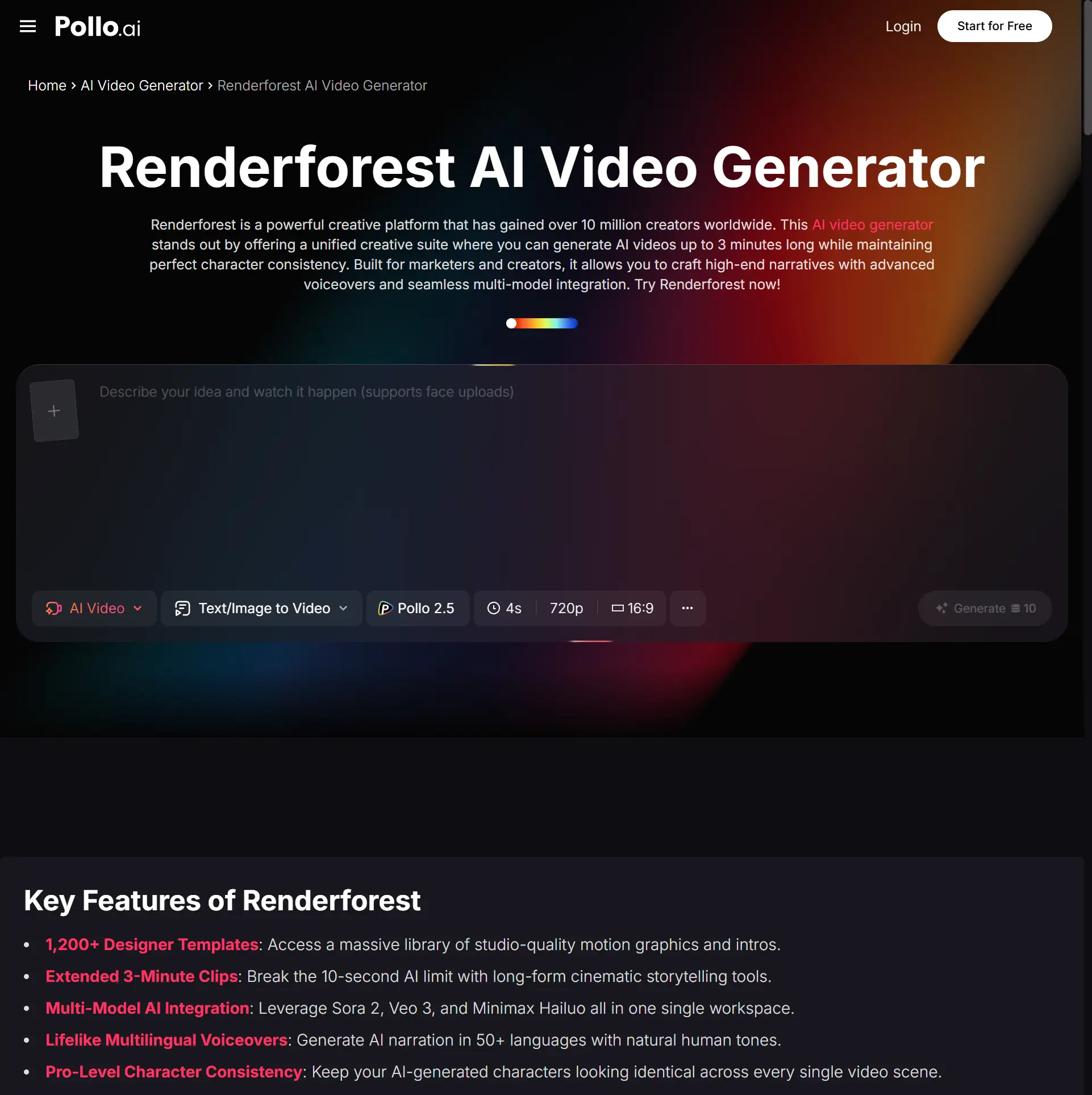 Renderforest AI video generator interface with text input area and options on dark gradient background