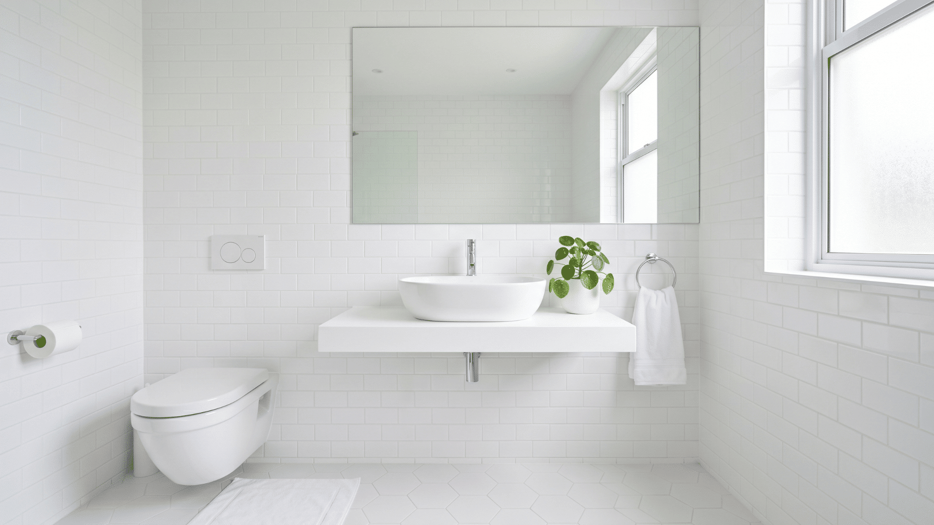 all white clean guest bathroom with bright tiles minimal decor uncluttered front view (1)
