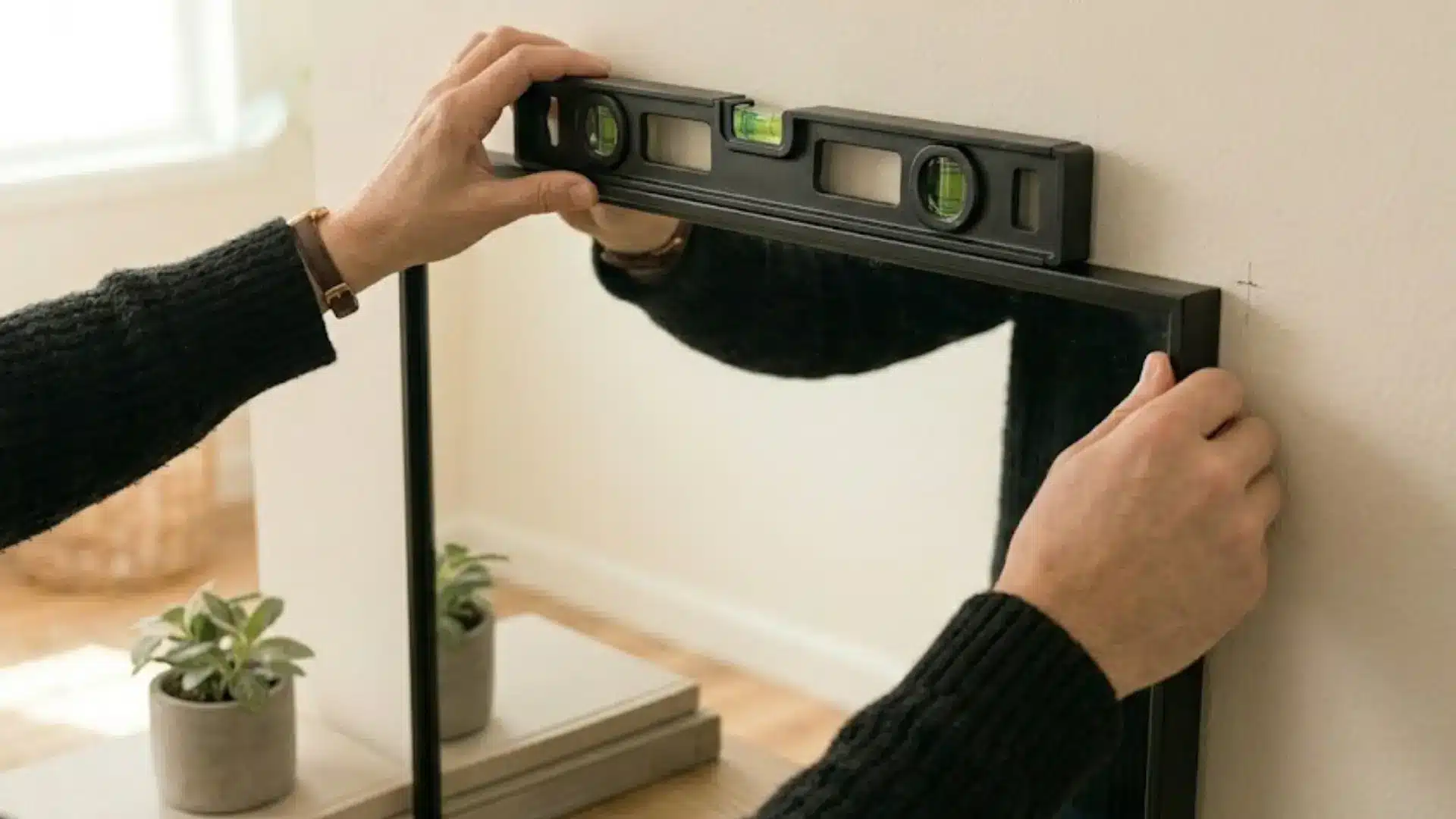 an individual in a black sweater placing a spirit level across the top edge of a mirror, ensuring it is perfectly straight
