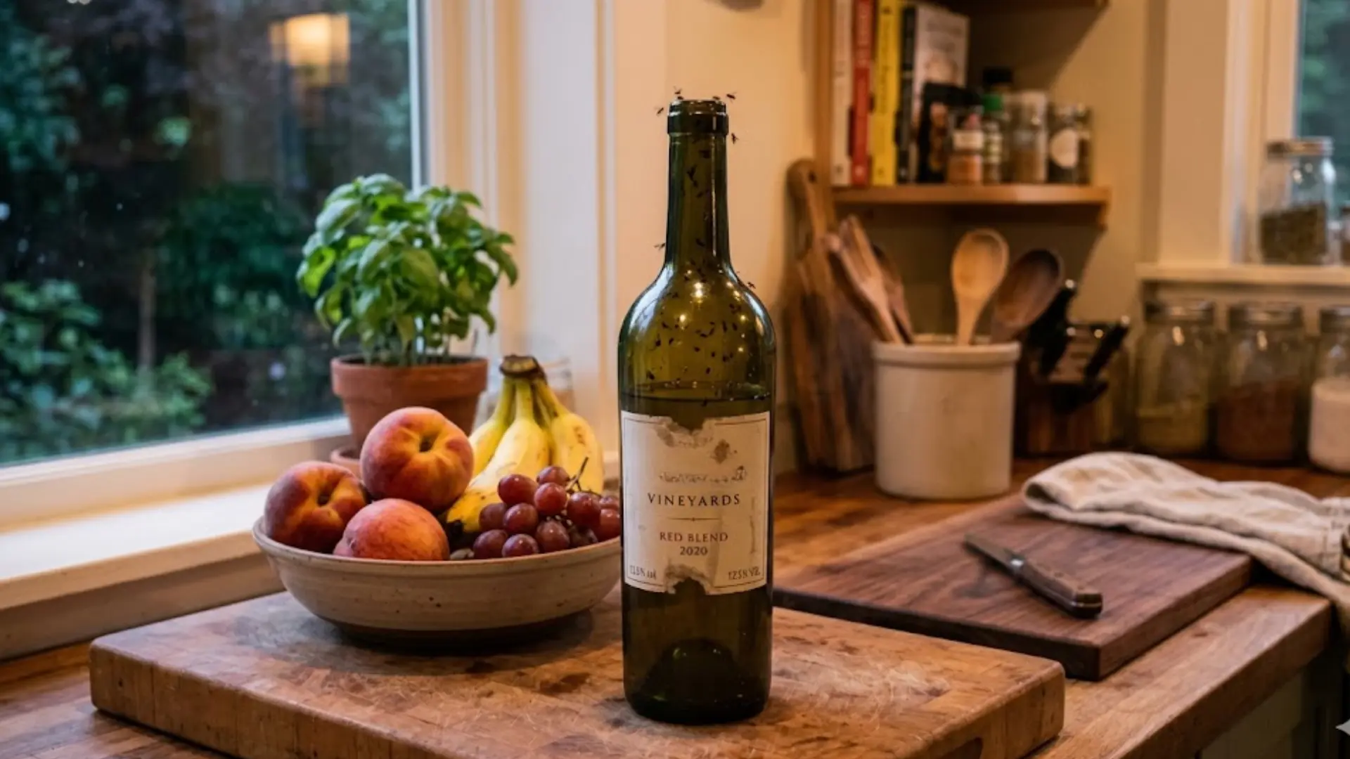 an nearly empty wine bottle fruit fly trap sits on a wooden kitchen counter near a bowl of peaches and grapes