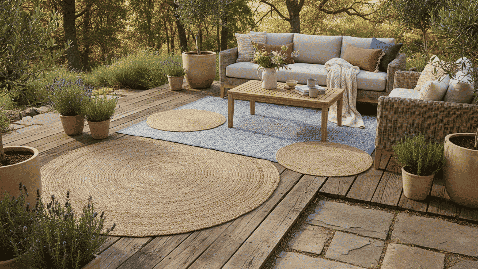 an outdoor wooden deck with wicker sofa and chairs a wooden coffee table and potted plants around rugs on the floor
