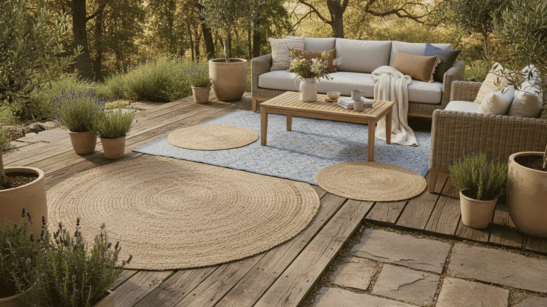 an outdoor wooden deck with wicker sofa and chairs a wooden coffee table and potted plants around rugs on the floor