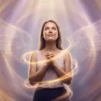 Woman standing with clasped hands and angelic wings in glowing light, looking upward