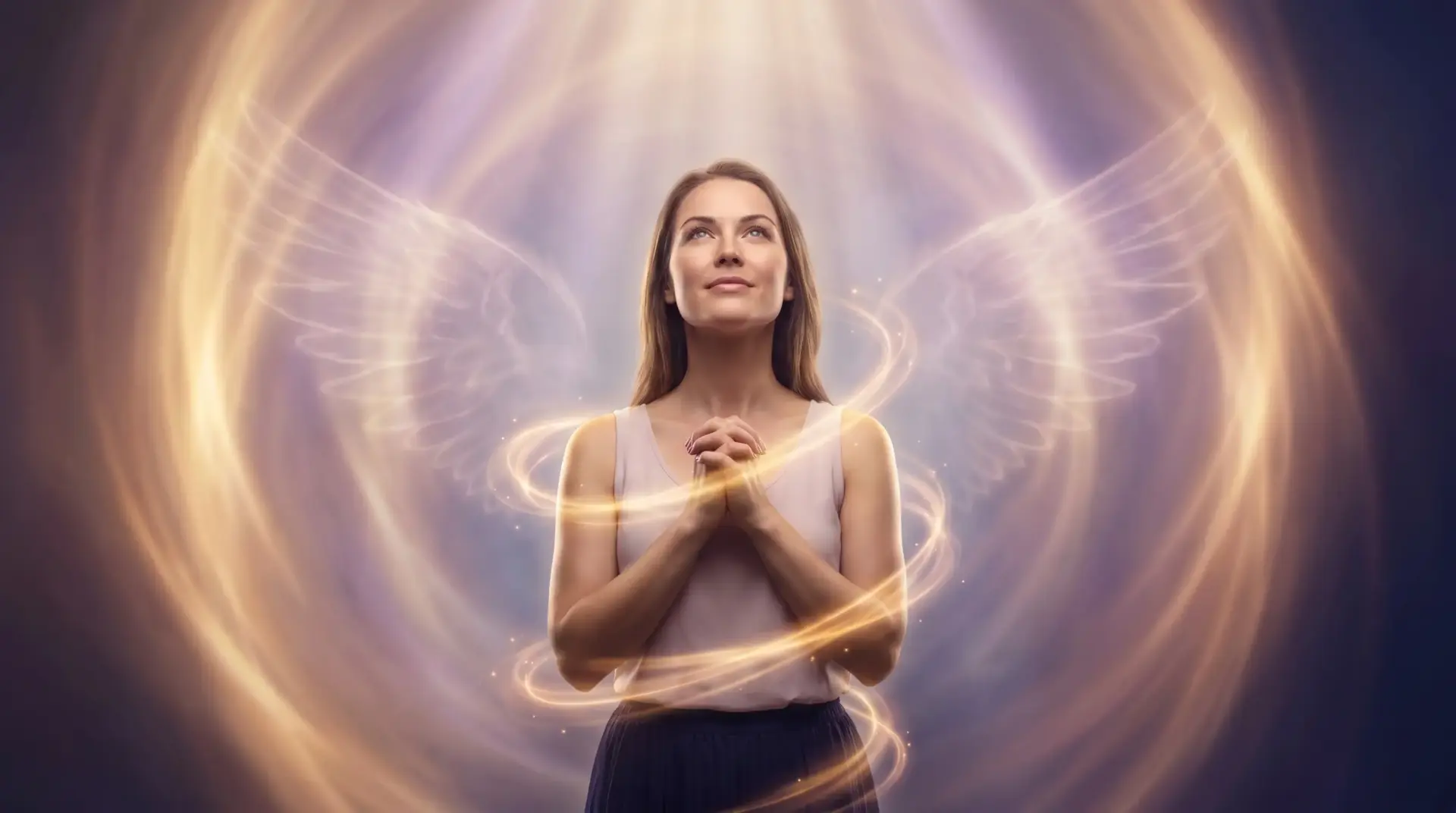 Woman standing with clasped hands and angelic wings in glowing light, looking upward