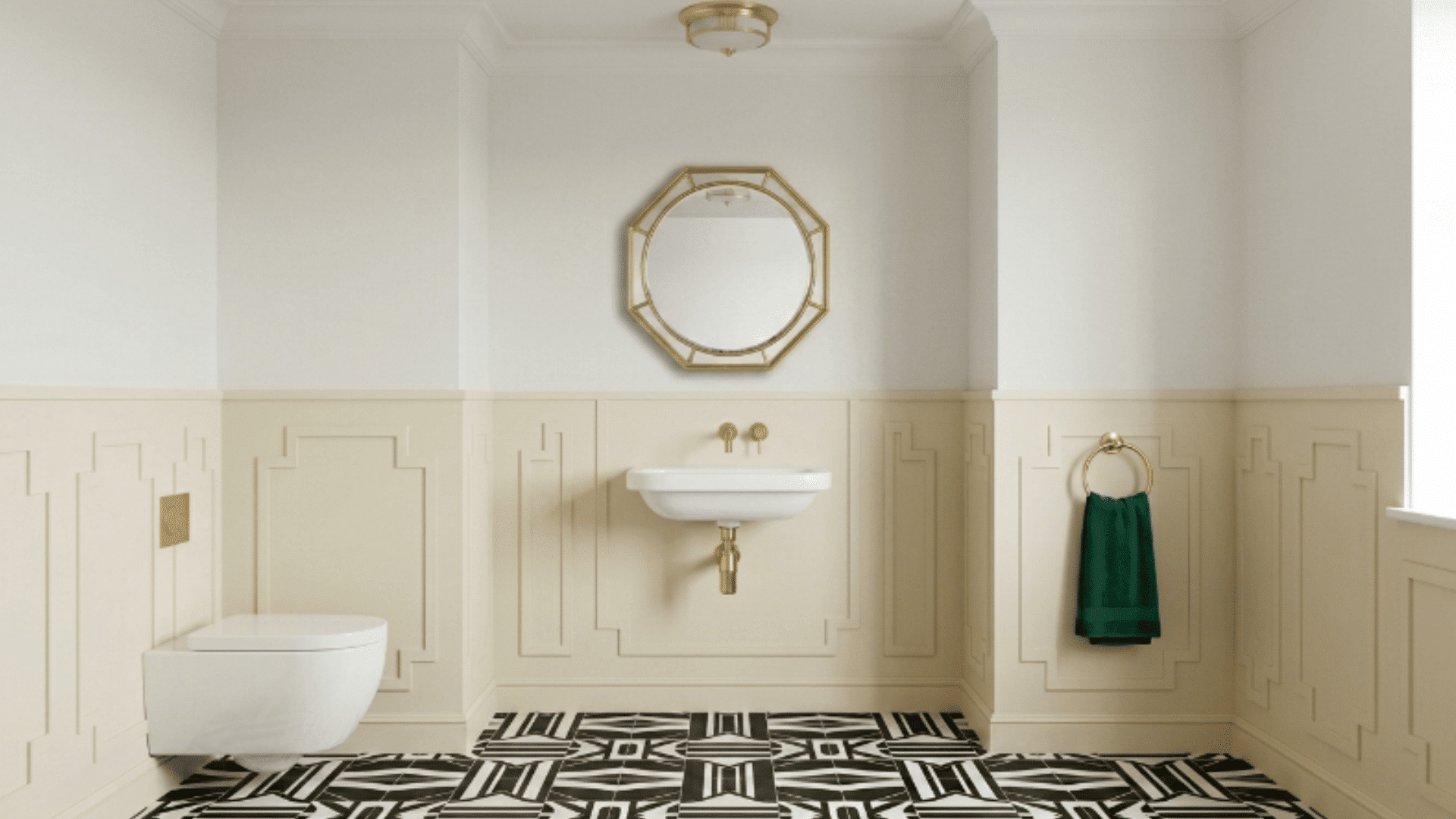 art deco patterned guest bathroom with geometric design gold fixtures bold contrast front view