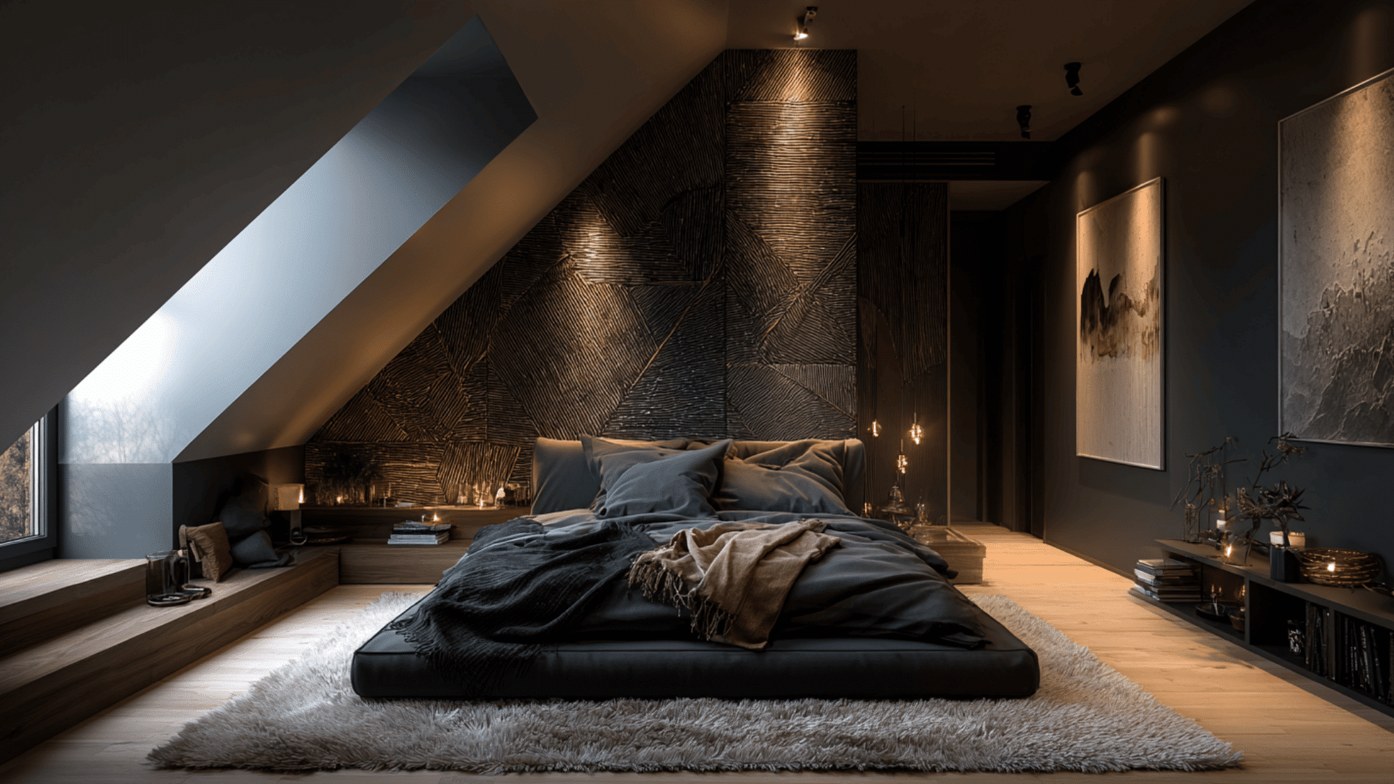 attic bedroom with bold accent wall and sloped ceiling creating a stylish focal point in small space