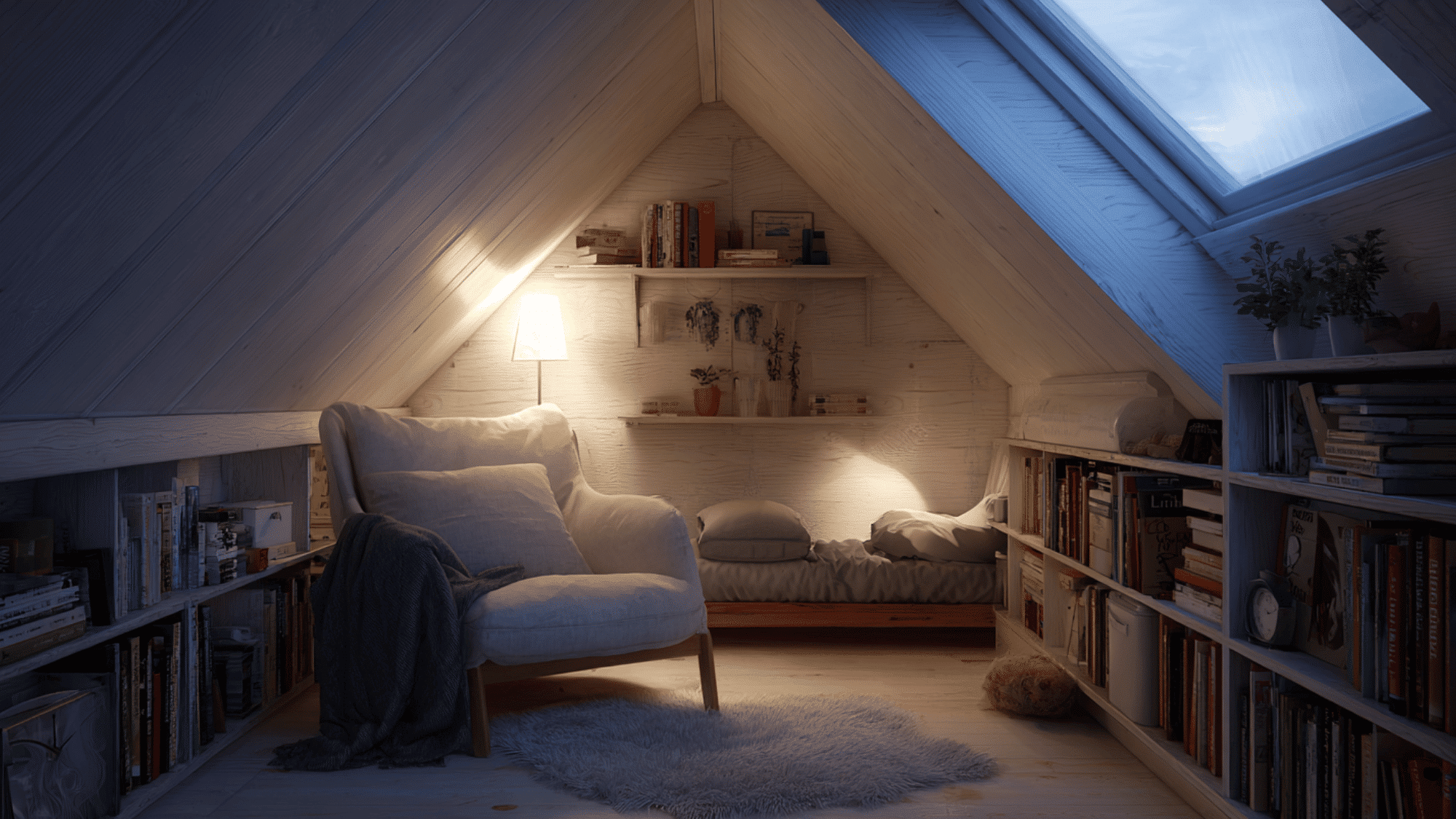 attic bedroom with cozy reading nook in corner