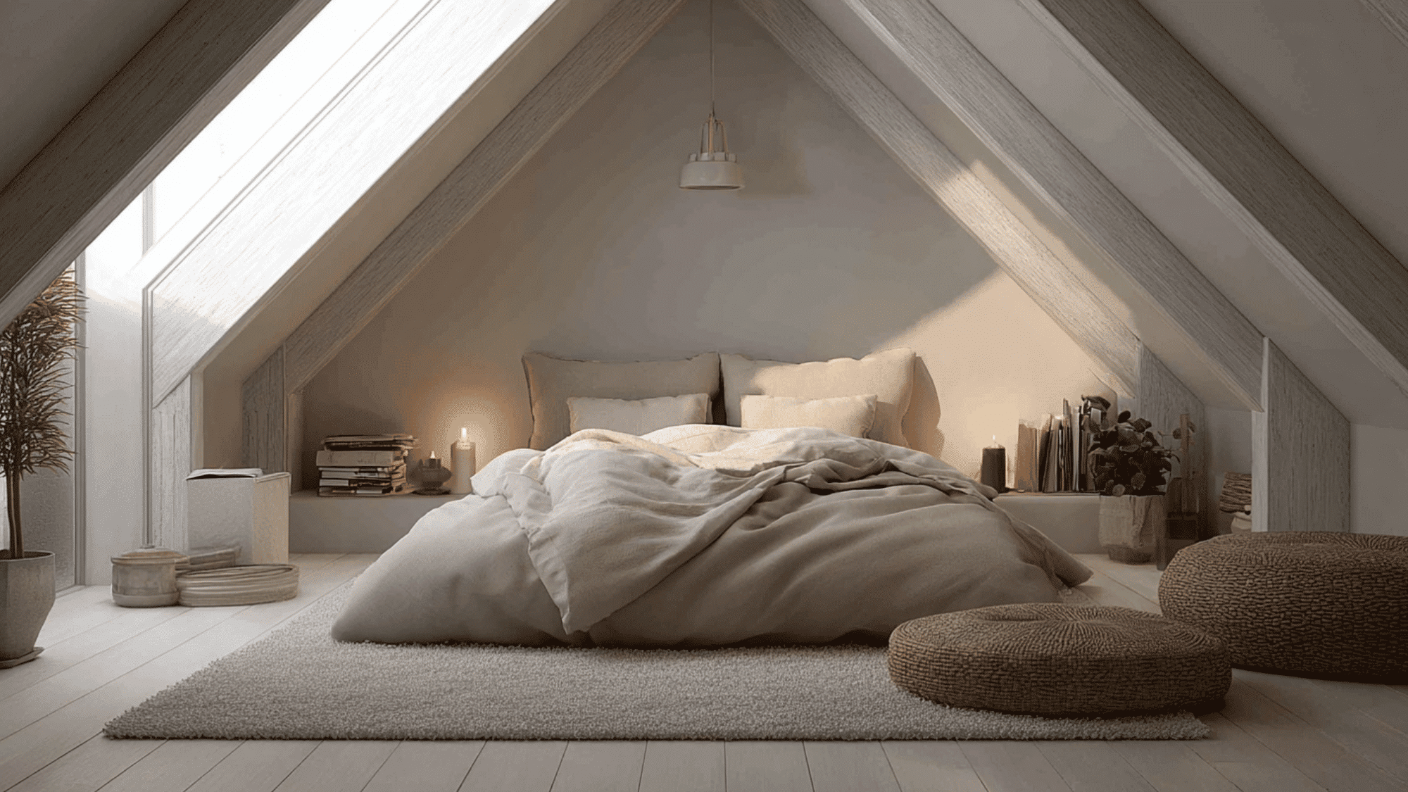 attic bedroom with custom built-in cabinets under sloped ceiling, smart storage drawers, compact layout, modern clean design, soft lighting