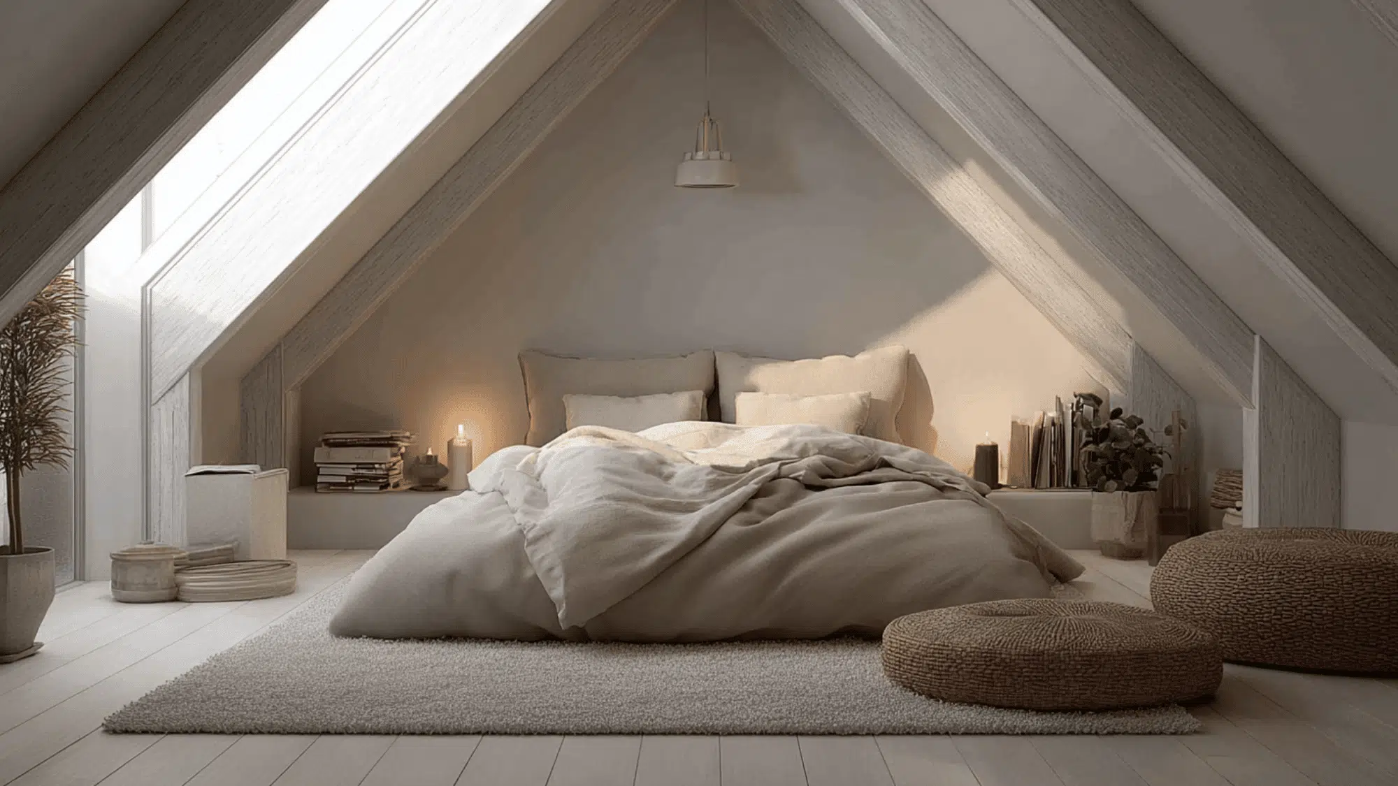 attic bedroom with custom built-in cabinets under sloped ceiling, smart storage drawers, compact layout, modern clean design, soft lighting