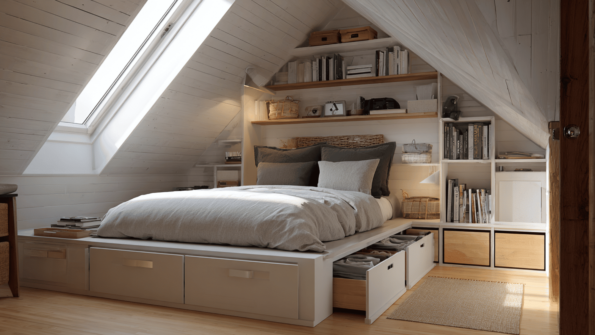 attic bedroom with hidden storage bed and drawers