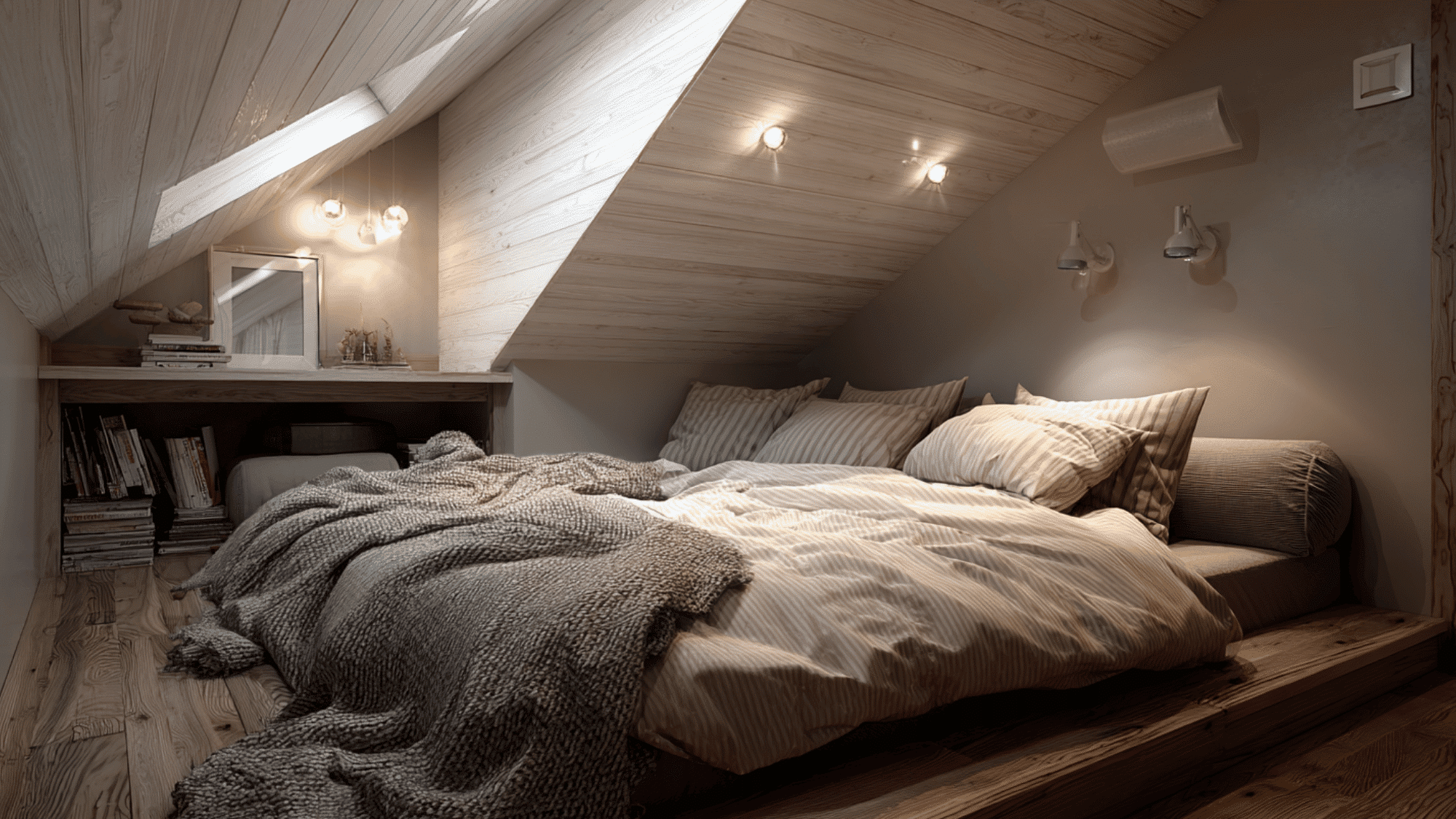 attic bedroom with low bed under sloped ceiling