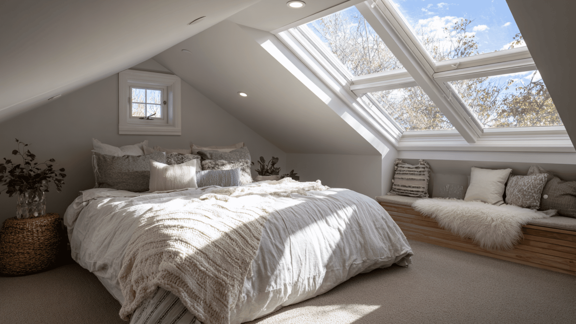 attic bedroom with skylight bringing natural light
