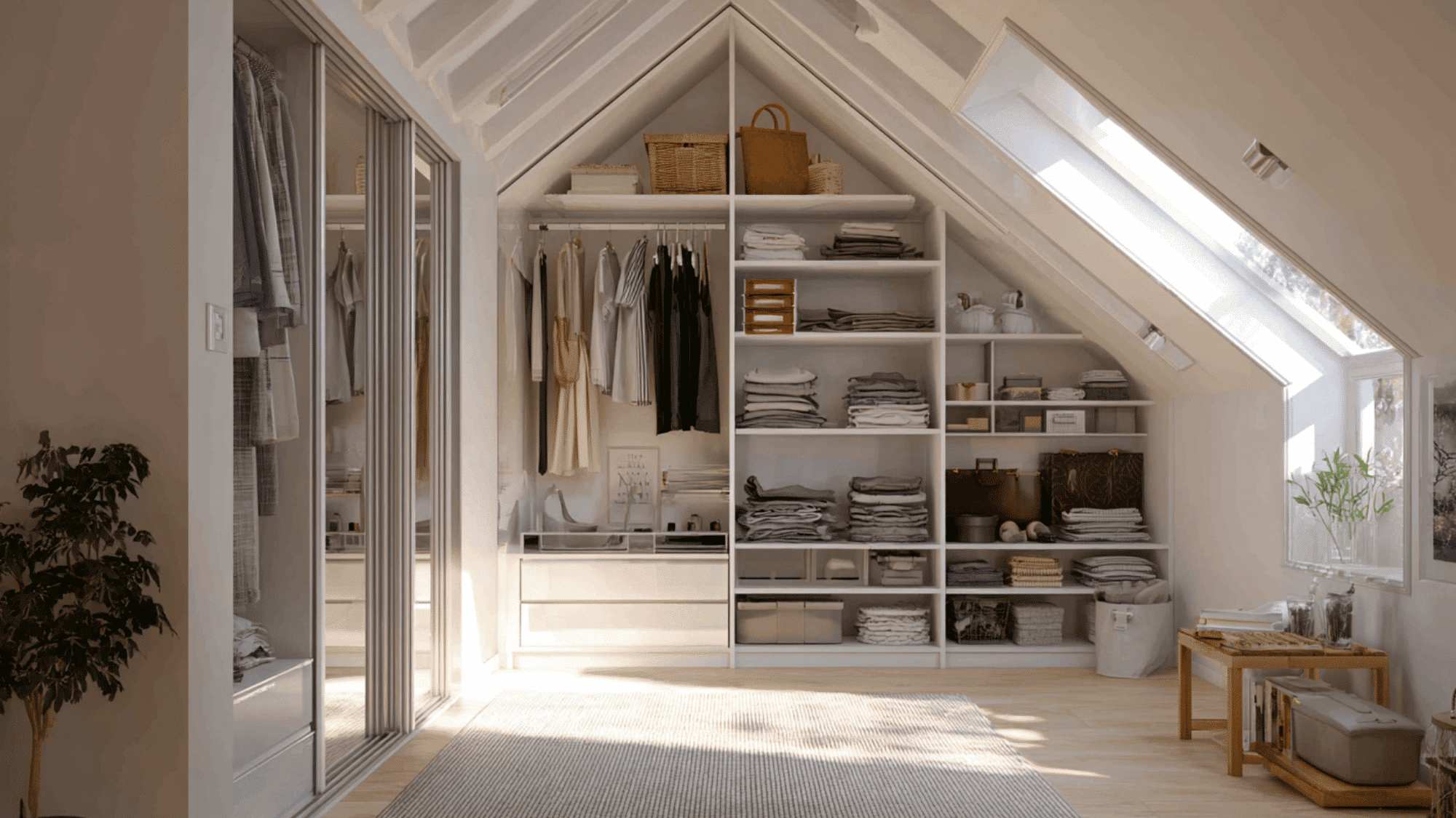 attic bedroom with small walk in closet using open racks and sliding doors for organized storage