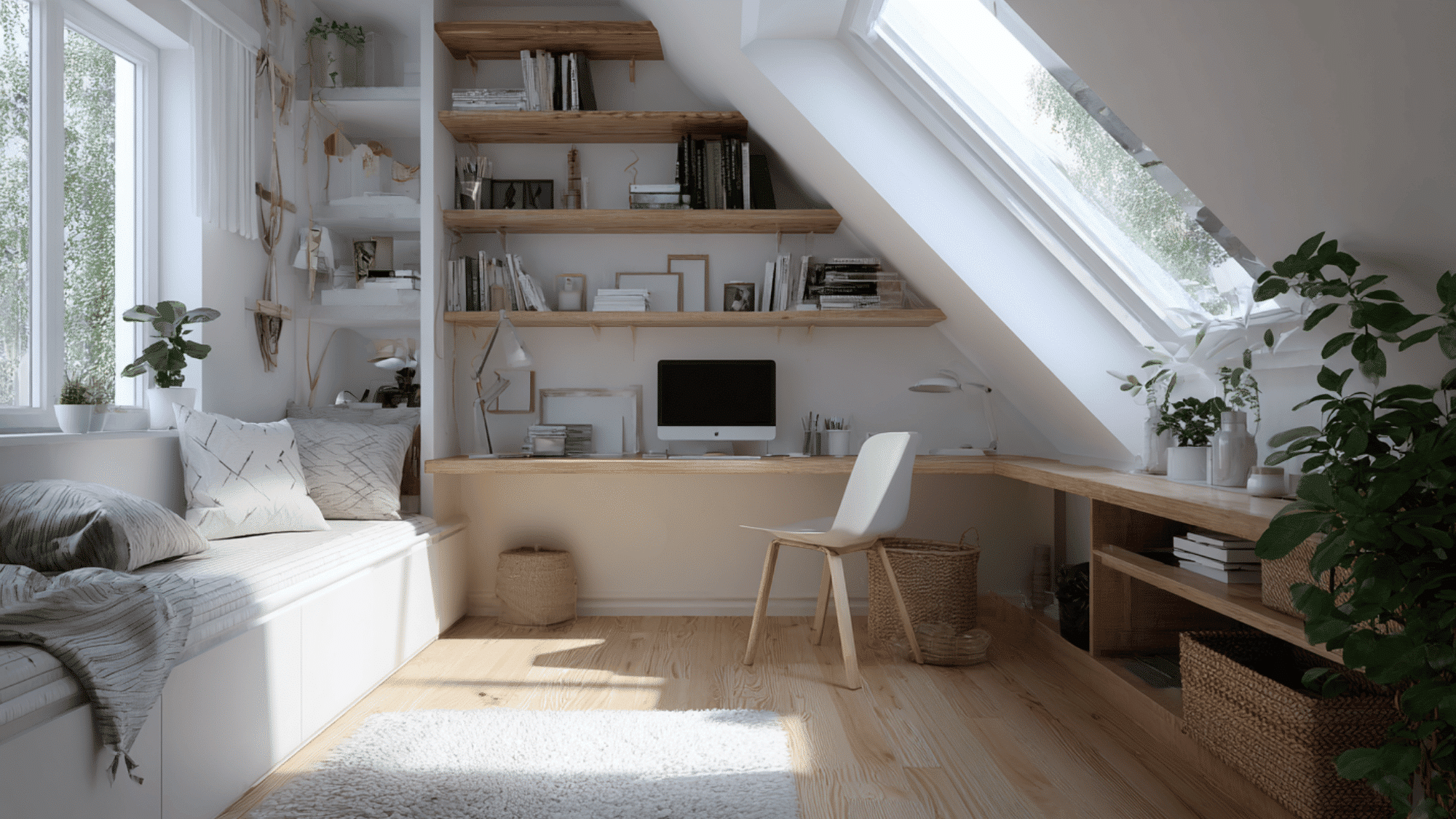 attic bedroom with small workspace corner under slope creating functional and organized compact design