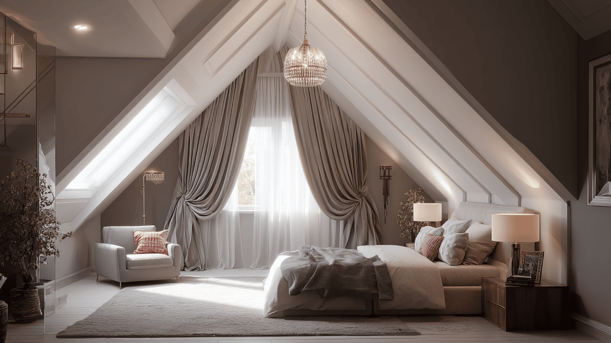attic bedroom with statement pendant lighting drawing attention upward in a stylish small space