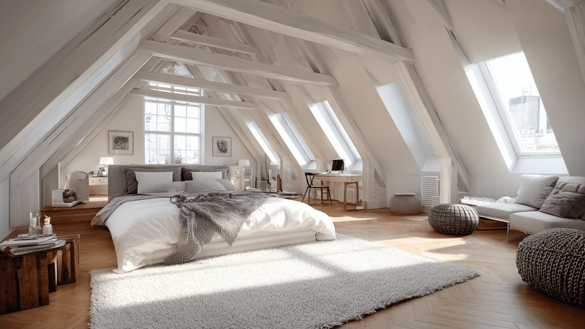 attic loft bedroom with open layout and minimal partitions creating airy and spacious modern feel
