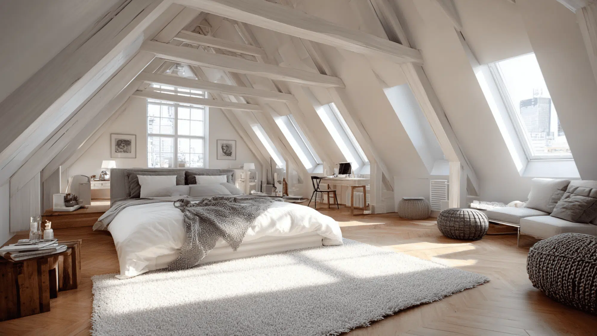 attic loft bedroom with open layout and minimal partitions creating airy and spacious modern feel