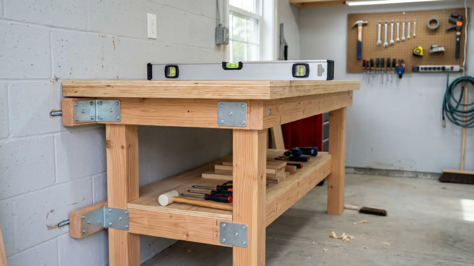 back of a completed DIY wooden workbench being secured to a garage wall using metal L brackets, a spirit level resting on top of the bench confirming it is level, clean garage workshop setting